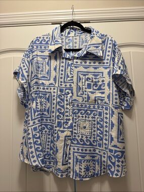 SHEIN Blue & White Patterned Short Sleeve Blouse